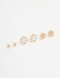 Gold Diamante & White Flower Stud Earrings 3-Pack - link has visual effect only