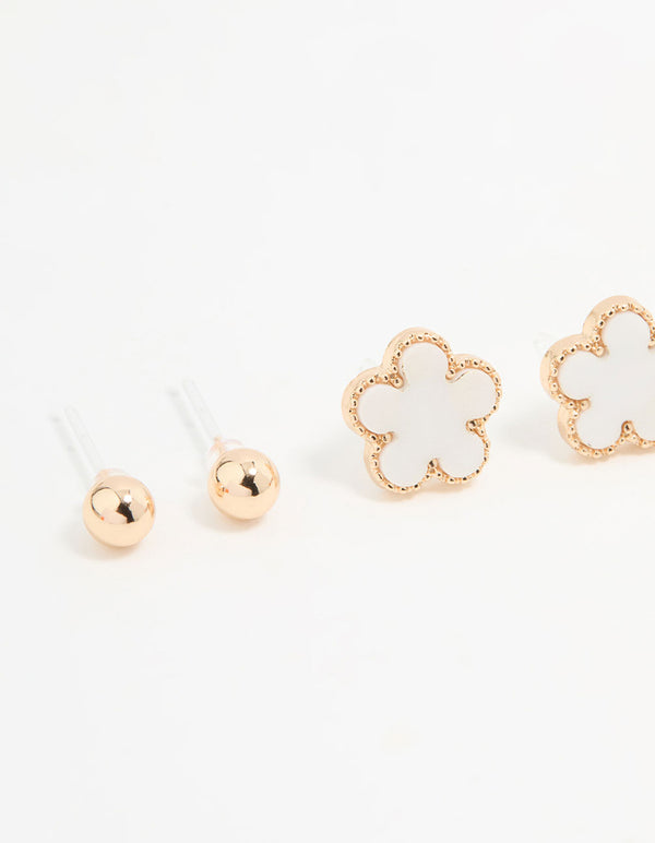 Gold Diamante & White Flower Stud Earrings 3-Pack