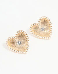 Gold Textured Pearl Heart Stud Earrings - link has visual effect only