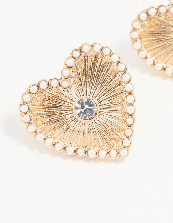 Gold Textured Pearl Heart Stud Earrings