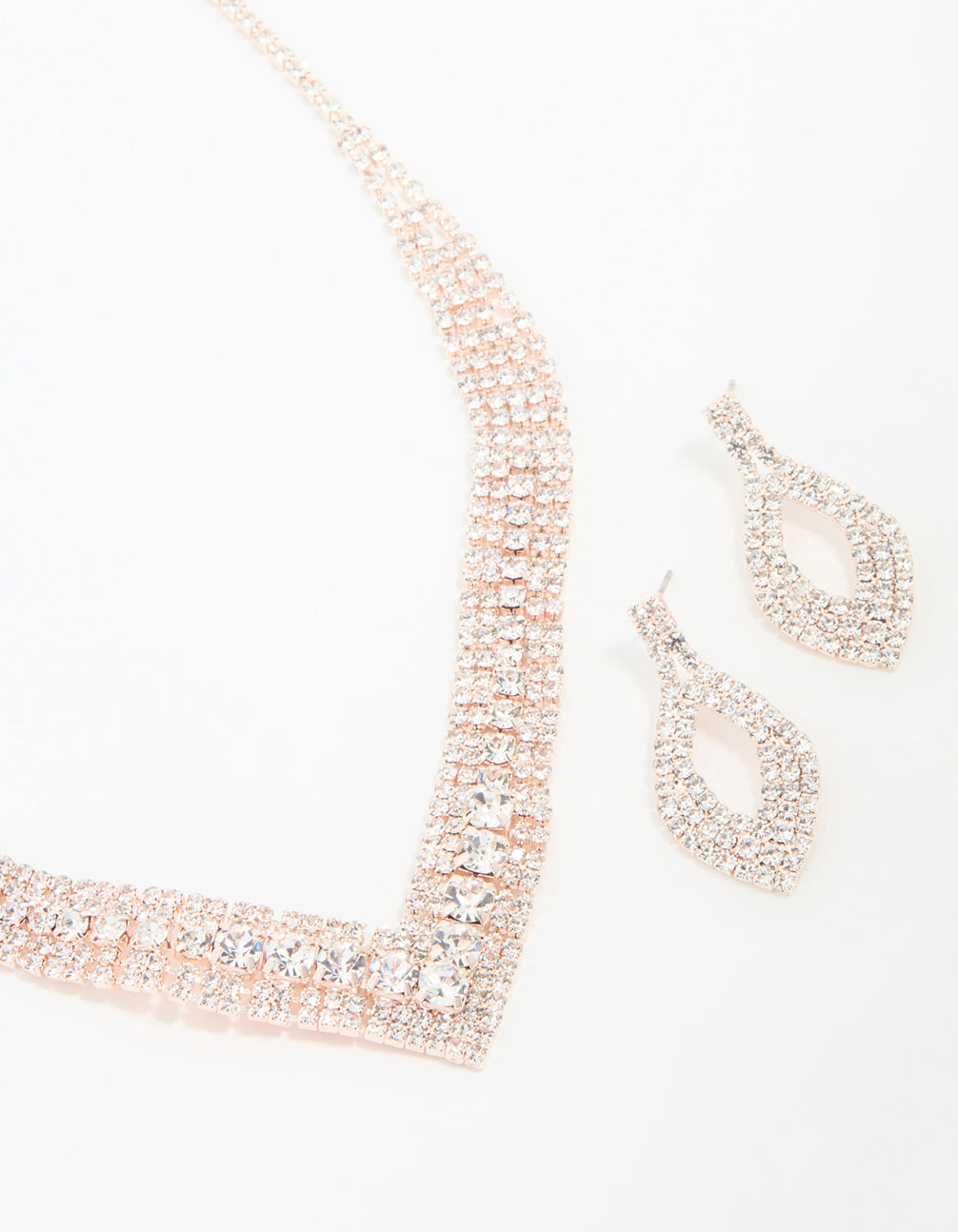 Rose Gold Diamante Pointed Cupchain Earring & Necklace Set