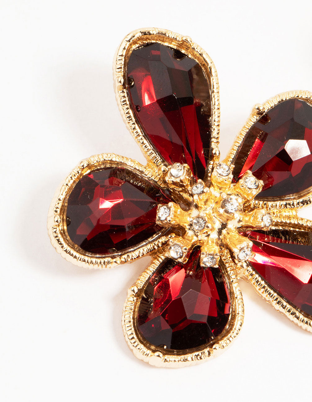 Gold Red Stone Flower Large Stud Earrings