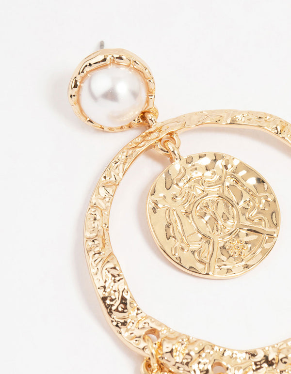 Gold Celestial Pearl Charm Drop Earrings