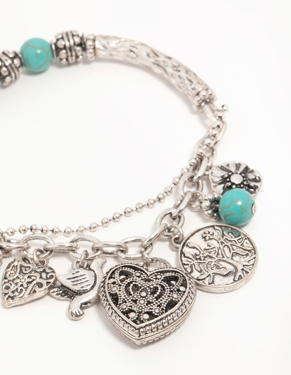 Antique Silver Turquoise Heart Charm Stretch Bracelet