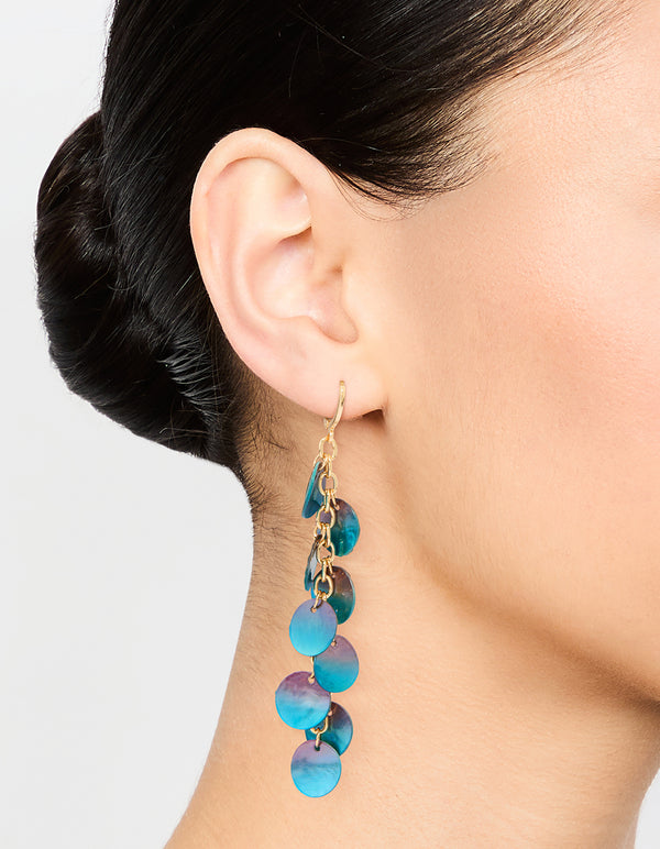 Gold Blue Genuine Shell Disc Chain Drop Earrings