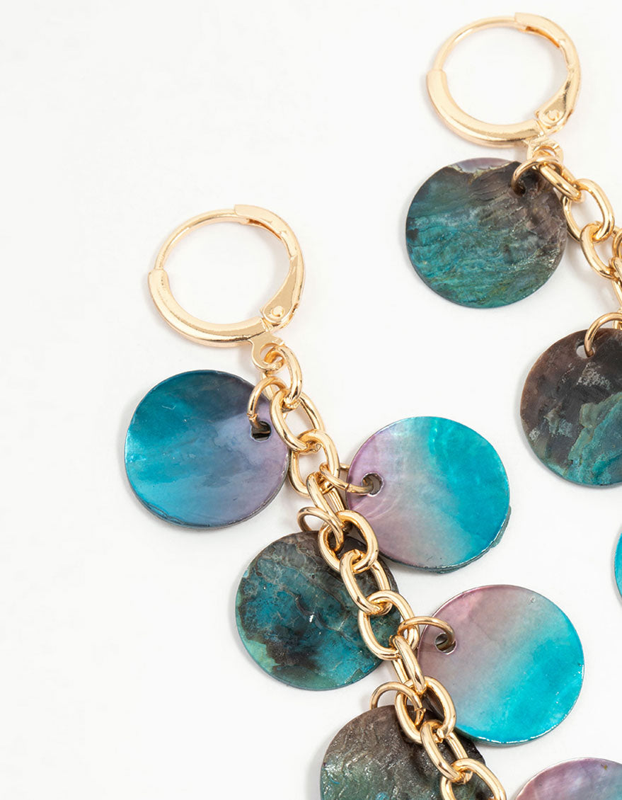 Gold Blue Genuine Shell Disc Chain Drop Earrings