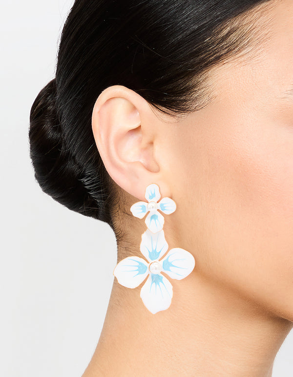 White & Blue Coated Metal Flower Drop Earrings