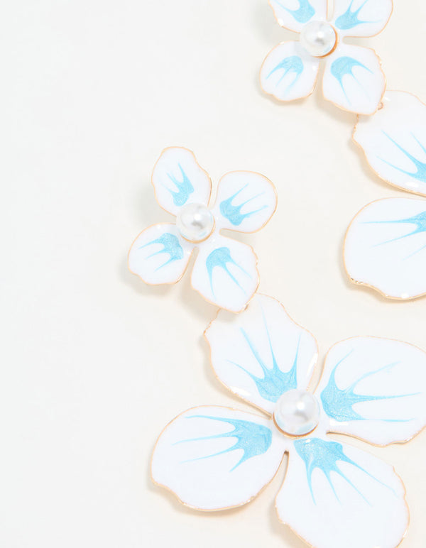 White & Blue Coated Metal Flower Drop Earrings