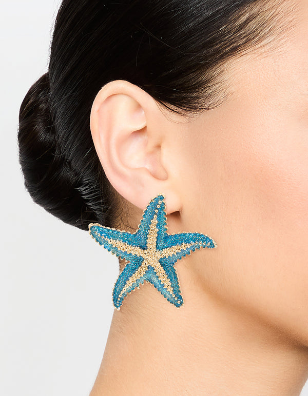 Blue Coated Metal Starfish Stud Earrings