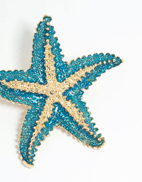 Blue Coated Metal Starfish Stud Earrings