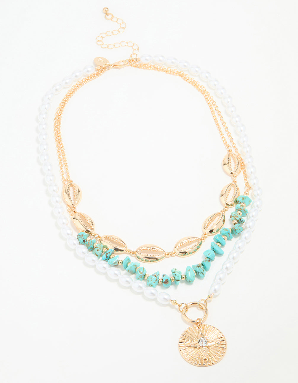 Gold Pearl & Turquoise Stone Layered Necklace
