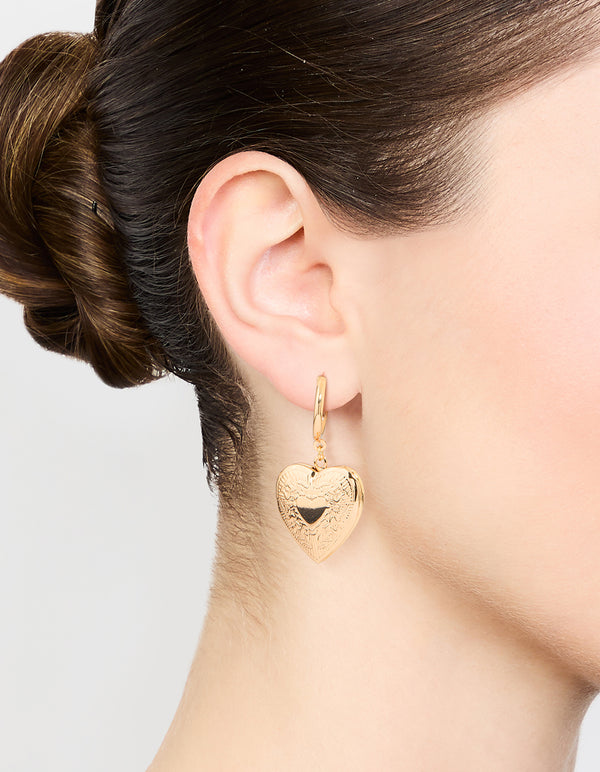 Gold Heart Locket Drop Earrings