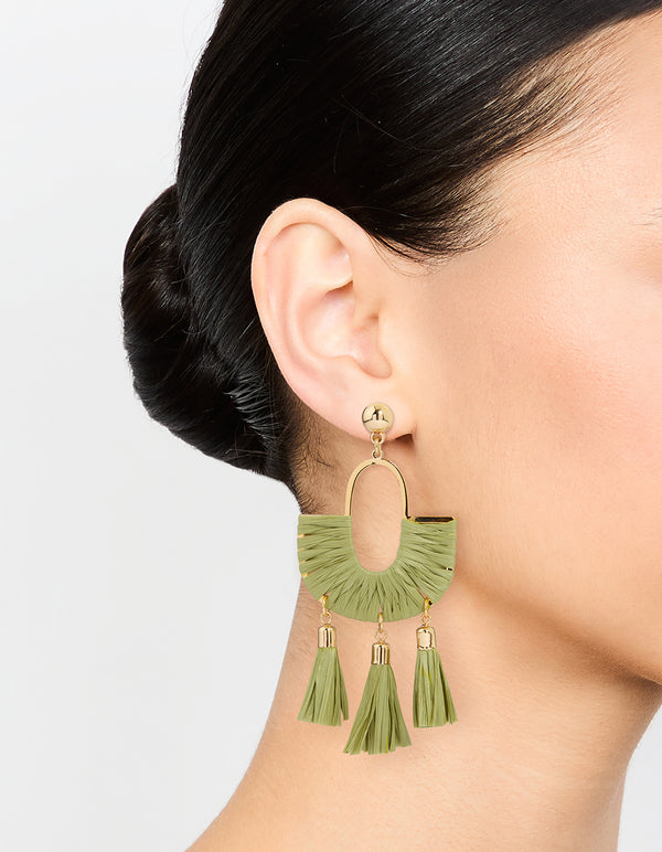 Gold & Green Half Woven Tassel Drop Earrings