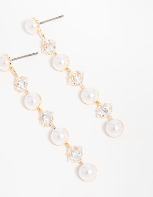 Gold Cubic Zirconia Pearl Alternating Drop Earrings