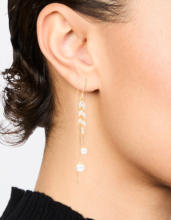 Gold Cubic Zirconia Pearl Leaf Drop Hook Earrings