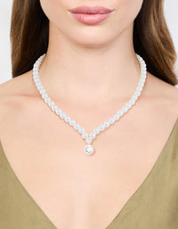 Silver Cubic Zirconia Pearl Short Pendant Necklace - link has visual effect only