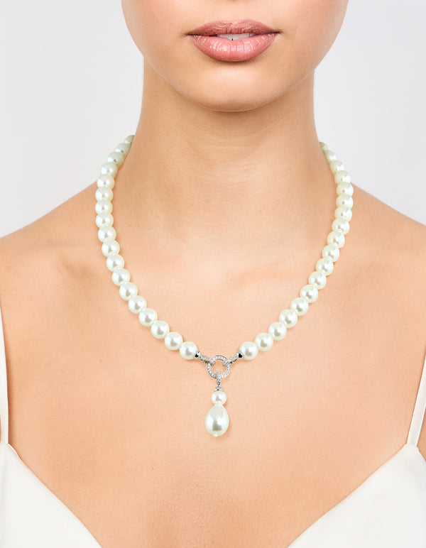 Silver Pearl Cubic Zirconia Short Necklace