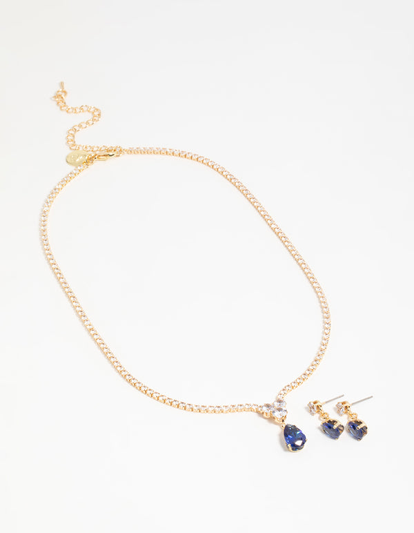 Gold Blue Cubic Zirconia Drop Necklace & Earrings Set