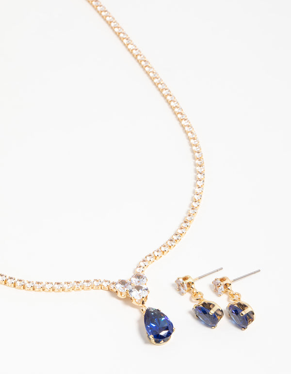 Gold Blue Cubic Zirconia Drop Necklace & Earrings Set