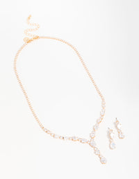 Gold Cubic Zirconia Pear Drop Y-Necklace & Earrings Set - link has visual effect only