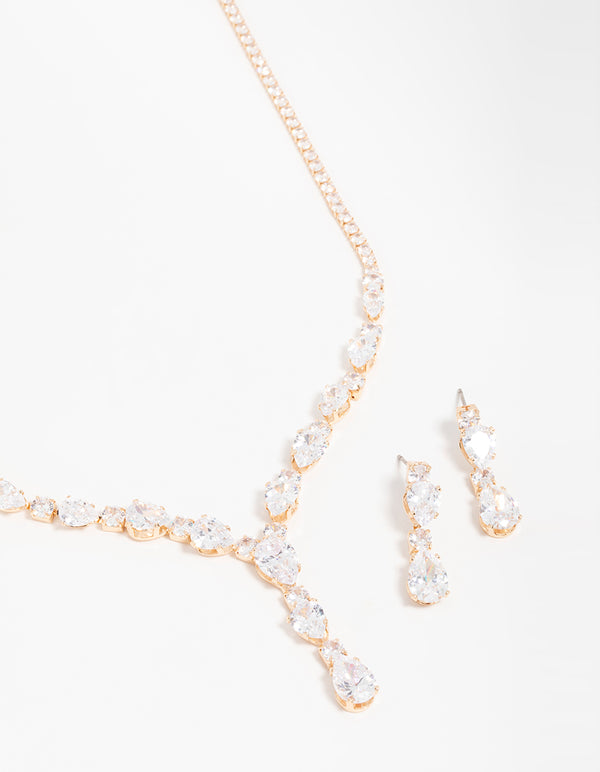 Gold Cubic Zirconia Pear Drop Y-Necklace & Earrings Set
