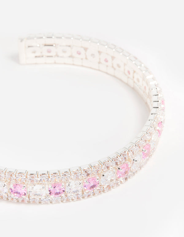 Silver Pink Cubic Zirconia Multirow Wrist Cuff