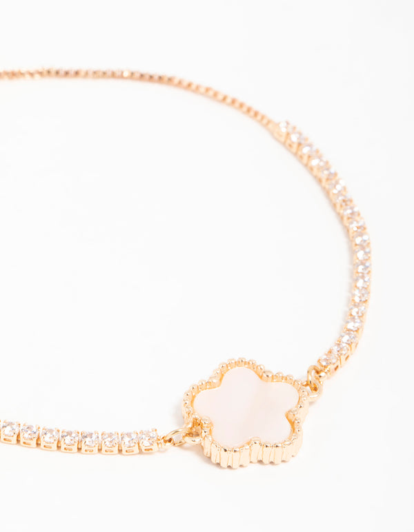 Gold Cubic Zirconia Mini Pink Flower Toggle Bracelet