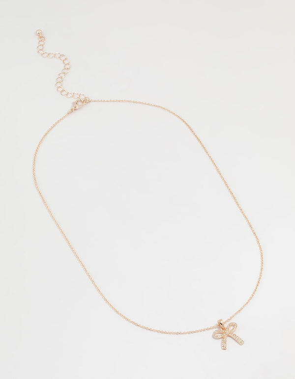 Rose Gold Plated Cubic Zirconia Bow Pendant Necklace