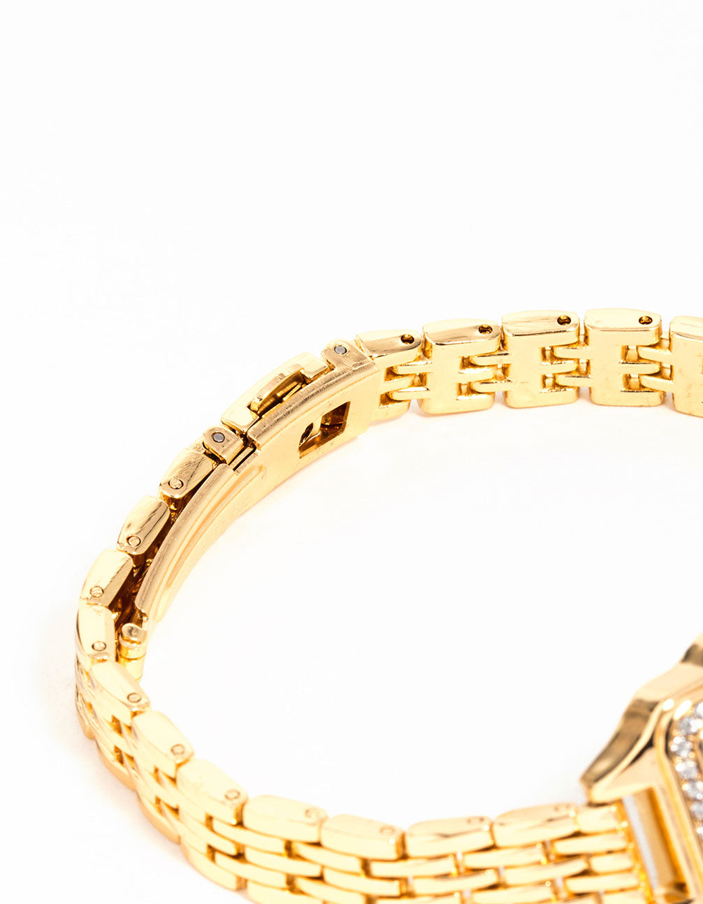 Crafted with precision this gold diamante mini rectangular watch in white dial featuring roman numerals for women, designed for formal occasions with link band strap and analog type case detail view