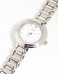 Silver Diamante Round Watch - link has visual effect only