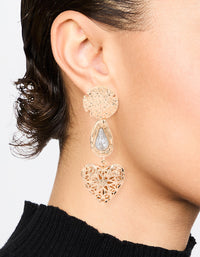 Gold Shell Diamante Etched Heart Locket Drop Earrings - link has visual effect only