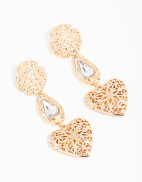 Gold Shell Diamante Etched Heart Locket Drop Earrings - link has visual effect only