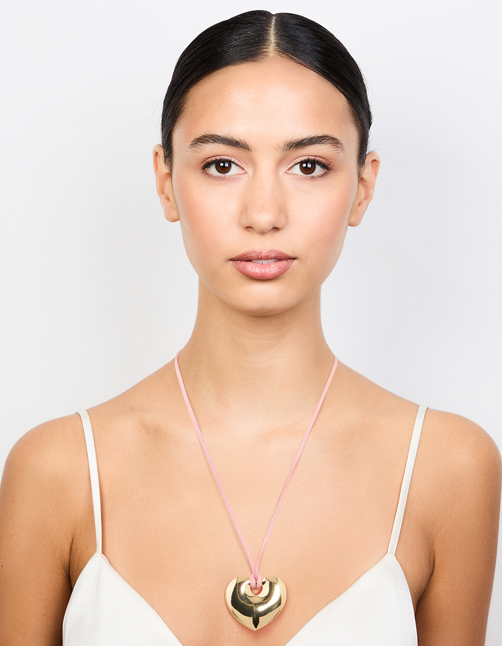 Gold Puffy Heart Pendant Pink Cord Necklace