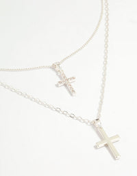 Silver Plated Cubic Zirconia & Plain Cross Layered Necklace - link has visual effect only