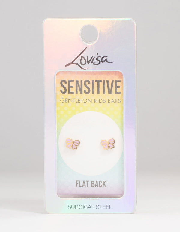 Kids Gold Plated Surgical Steel Bow Flat Back Earrings