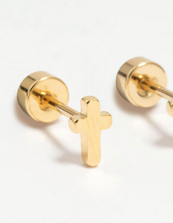 Kids Gold Plated Surgical Steel Cross Flat Back Earrings