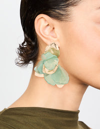 Gold Green Fabric Flower Drop Earrings - link has visual effect only