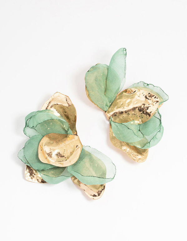 Gold Green Fabric Flower Drop Earrings