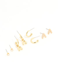 Gold Plated Cubic Zirconia Letter A Stud & Hoop Earrings 4-Pack - link has visual effect only