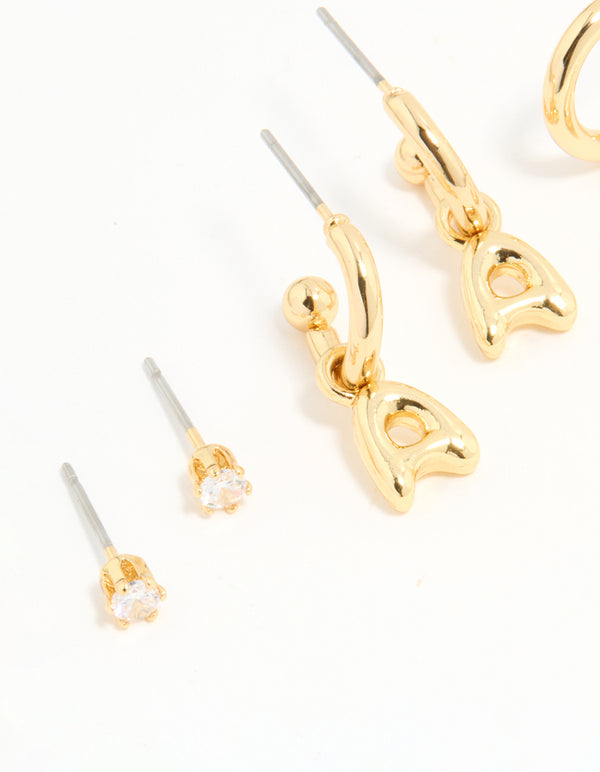 Gold Plated Cubic Zirconia Letter A Stud & Hoop Earrings 4-Pack
