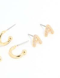 Gold Plated Cubic Zirconia Letter A Stud & Hoop Earrings 4-Pack - link has visual effect only