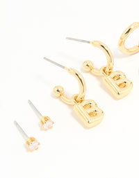 Gold Plated Cubic Zirconia Letter B Stud & Hoop Earrings 4-Pack - link has visual effect only