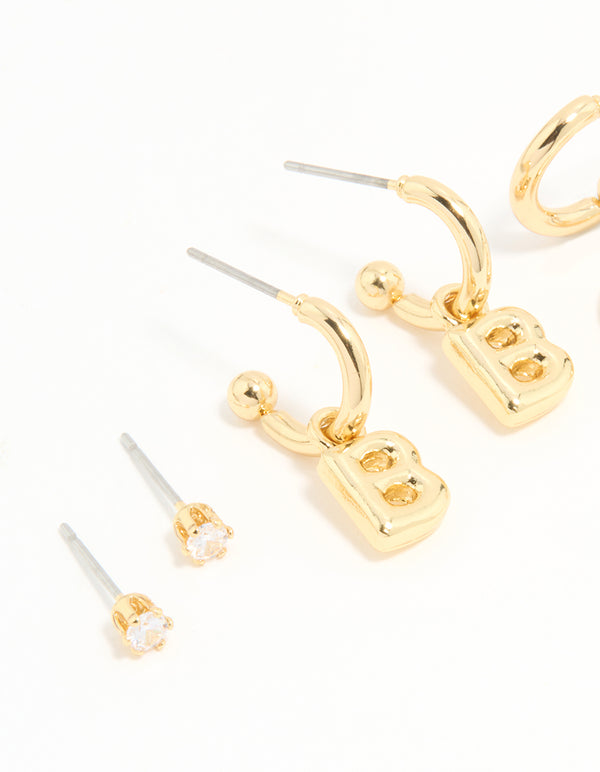 Gold Plated Cubic Zirconia Letter B Stud & Hoop Earrings 4-Pack