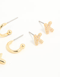 Gold Plated Cubic Zirconia Letter K Stud & Hoop Earrings 4-Pack - link has visual effect only