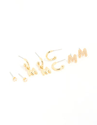 Gold Plated Cubic Zirconia Letter M Stud & Hoop Earrings 4-Pack - link has visual effect only