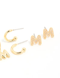 Gold Plated Cubic Zirconia Letter M Stud & Hoop Earrings 4-Pack - link has visual effect only