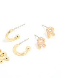 Gold Plated Cubic Zirconia Letter R Stud & Hoop Earrings 4-Pack - link has visual effect only