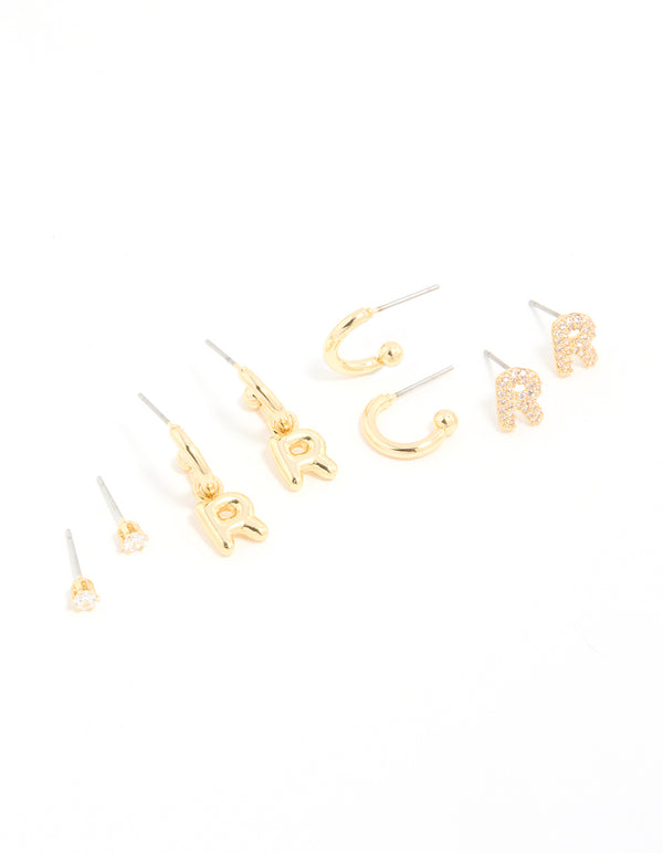 Gold Plated Cubic Zirconia Letter R Stud & Hoop Earrings 4-Pack