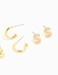 Gold Plated Cubic Zirconia Letter S Stud & Hoop Earrings 4-Pack - link has visual effect only