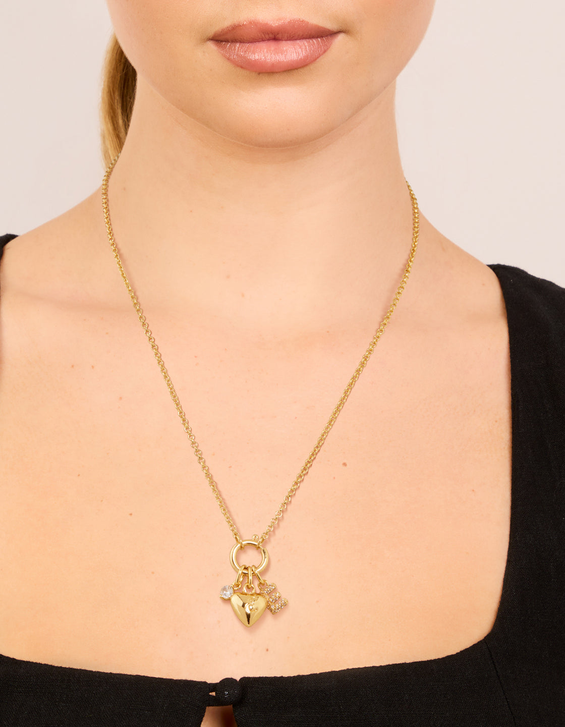 Gold Plated Bubble E & Heart Charm Necklace
